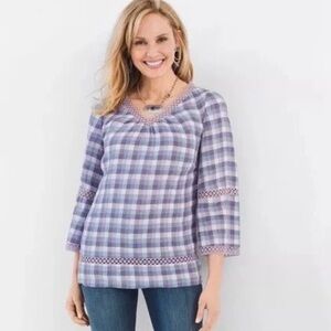 Chico’s Plaid linen V-Neck Women's Top - Purple and White size 1P EUC